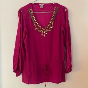 Cache Pink Split Sleeve Silk Blouse ornament neck